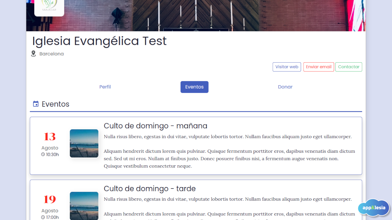 Web Appklesia - Página de eventos