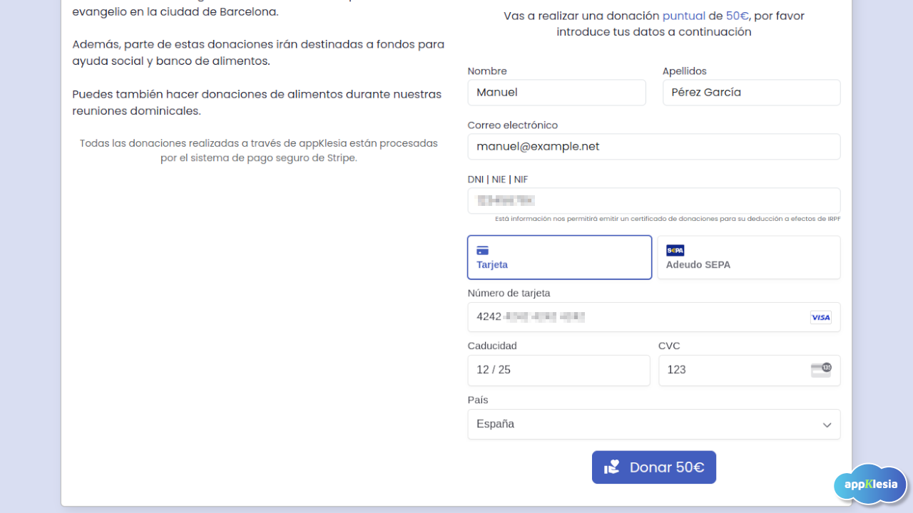 Web Appklesia - Página de donaciones